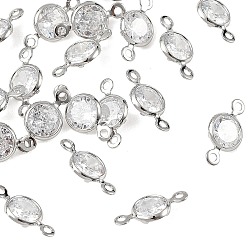 Clear SHEGRACE Brass Pave Cubic Zirconia Flat Round Connector Charms, Cadmium Free & Nickel Free & Lead Free, Long-Lasting Plated, Real Platinum Plated, Clear, 11x6x3mm, Hole: 1mm
