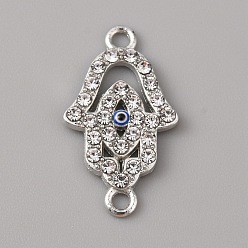 Medium Blue Alloy Enamel Evil Eye Connector Charms, with Crystal Rhinestones, Platinum, Hamsa Hand, Medium Blue, 24x14x1.8mm, Hole: 1.8mm