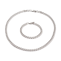 Нержавеющая Сталь Цвет Устойчивые к потускнению мужские 304 нержавеющая сталь кубинские цепи браслеты и ожерелья ювелирные наборы, с карабин-лобстерами , цвет нержавеющей стали, 8-1/2 дюйм (21.6 см), 21-3/4 дюйм (55.2 см)