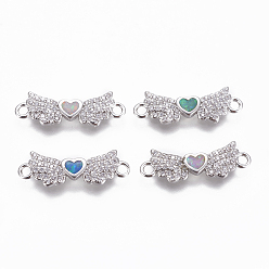 Mixed Color Brass Cubic Zirconia Links, with Synthetic Opal, Wing with Heart, Platinum, Mixed Color, 7x21x2mm, Hole: 1.6mm
