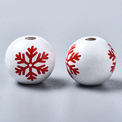 White Painted Natural Wood European Beads, Large Hole Beads, Printed, Christmas, Round with Snowflake, White, 16x15mm, Hole: 4mm