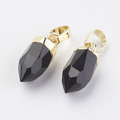 Black Agate Natural Black Agate Pointed Pendants, with Brass Findings, Faceted, Bullet, Golden, 15x5~5.5mm, Hole: 4x6mm