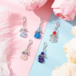 (52) Непрозрачная лаванда Гальваническое стекло и подвески ручной работы в технике миллефиори лэмпворк, ангел, со сплавочной фурнитурой, крылья и сердце, разноцветные, 37.5 мм, Кулон : 23.5x15.5x6 мм