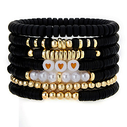 Черный 7 Набор эластичных браслетов для женщин с узором в виде сердечек из полимерной глины, пластиковых бусин и жемчуга, а также пластиковых бусин CCB., чёрные, внутренний диаметр: 2.56~5.12 дюйм (6.5~13 см)