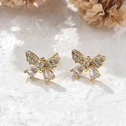 Настоящее золото 18K Серьги-гвоздики из латунного микро-паве, без свинца и без кадмия, долговечный, стойки покрытие, бабочка, реальный 18 k позолоченный, 8x11 мм