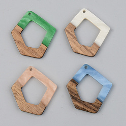Mixed Color Opaque Resin & Walnut Wood Pendants, Polygon, Mixed Color, 35x31x3mm, Hole: 2mm
