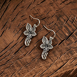 Flower Zinc Alloy Dangle Earrings for Women, Antique Silver, Flower, 36x15mm