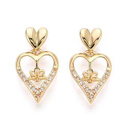 Настоящее золото 18K Латунный микро-паве кубический кубик циркония жемчужина, сердце, за половину пробурено бисера, реальный 18 k позолоченный, 17.5x12.5x3 мм, отверстие : 4x2 мм, штифты : 0.8 мм