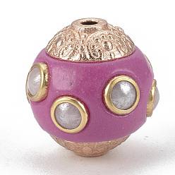 Orchid Handmade Indonesia Beads, with Alloy Findings & ABS Plastic Imitation Pearl Beads, Round, Golden, Orchid, 14~15x14~15mm, Hole: 1.8mm