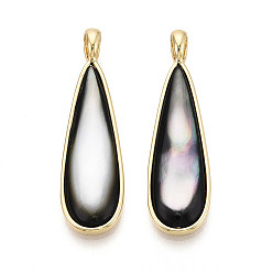 черная губная раковина Оболочки губ натуральный черный подвески, слезинки, с латунной, золотые, 40~40.5x11.5x3.5~4.5 мм, отверстие : 5x4 мм