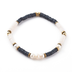 Schwarz Heishi-Perlen-Stretch-Armbänder aus Polymerton, mit natürlichen Perlenperlen und nichtmagnetischen synthetischen Hämatitperlen, Schwarz, Innendurchmesser: 2-1/8 Zoll (5.5 cm)
