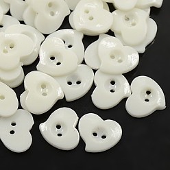 White Acrylic Heart Buttons, Plastic Sewing Buttons for Costume Design, 2-Hole, Dyed, White, 13x12x2mm, Hole: 1mm