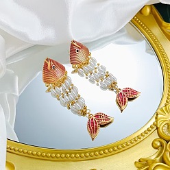 Cerise 304 Stainless Steel Enamel Stud Earrings, Fish, Plastic Pearl Dangle Earrings for Women, Golden, Cerise, 55mm