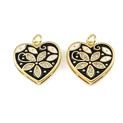 Black Brass Micro Pave Clear Cubic Zirconia Pendants, with Enamel, Heart with Flower Charms, Real 18K Gold Plated, Black, 19x19x4mm, Hole: 3mm