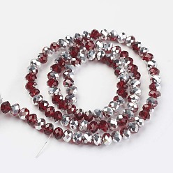 Dark Red Electroplate Transparent Glass Beads Strands, Half Silver Plated, Faceted, Rondelle, Dark Red, 10x8mm, Hole: 1mm, about 62pcs/strand, 22.05 inch(56cm)
