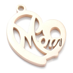 Rose Gold Ion Plating(IP) 304 Stainless Steel Pendants, Heart with Word Mom, for Mother's Day, Real Rose Gold Plated, 18x17x1.5mm, Hole: 1.6mm