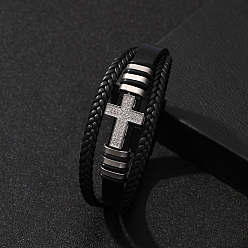 Платина Пу кожаный шнур плетеные браслеты, латунные многорядные браслеты с микропаве из кубического циркония для мужчин, крестик, платина, 7-7/8~9-1/8 дюйм (20~23 см)