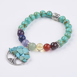 Synthetische Türkis Chakra-Schmuck: Perlen aus synthetischem Türkis (gefärbt) und gemischten natürlichen/synthetischen Steinen sowie Bettelarmband aus synthetischem Türkis (gefärbt)., mit Tibetischen Stil Perlen, flach rund mit Baum des Lebens, 2 Zoll (50 mm)
