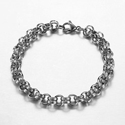 Stainless Steel Color Tarnish Resistant 304 Stainless Steel Rolo Chains Bracelets, with Lobster Claw Clasps, Stainless Steel Color, 210mm(8-1/4 inch)