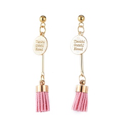 Pink Dangle Stud Earrings, with Suede Cord Tassel Pendants, 304 Stainless Steel Stud Earring Findings and Brass Findings, Pink, 52mm, Pin: 0.8mm