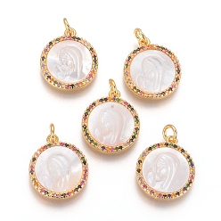 Золотой Латунные подвески, с микро проложить кубического циркония, раковины и прыжковые кольца, плоские круглые с Девой Марией, красочный, золотые, 18x15x3 мм, отверстие : 3 мм
