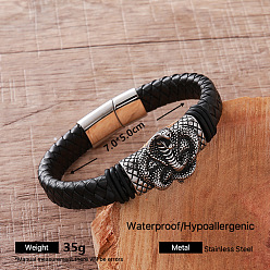 Snake Vintage 304 Stainless Steel Braided PU Leather Cord Bracelets for Men, with Magnetic Clasps, Stainless Steel Color, Snake, Inner Diameter: 2.76 inch(7cm)