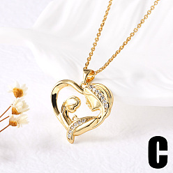 Золотой Подвеска в виде сердца с прозрачными кубическими циркониями из латуни в стиле «мама-малыш» для Дня матери., золотые, 17.72 дюйм (45 см), Кулон : 24x24 мм