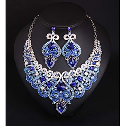 Сапфир Комплекты из ожерелий и висячих серег из сплава со стразами для женщин, цветок, сапфир, 520 мм