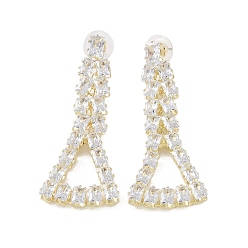 Golden Brass Micro Pave Cubic Zirconia Stud Earrings, Triangle, Golden, 64x24.5mm