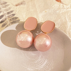 Round Enamel & Pearl Stud Earrings, 925 Silver Silver Pin Earrings for Women, Round, 26x13mm