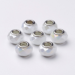 Белый Стеклянные шампала бусины, бусины с большим отверстием, имитация нефрита, с латунной двойных ядер, граненые, рондель, покрытием цвета AB, белые, 14x9.5 мм, отверстие : 5 мм