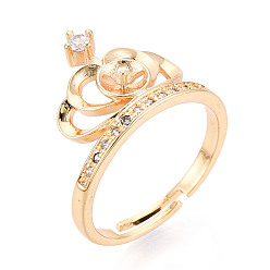 Настоящее золото 18K Корона латунная микропаве прозрачный кубический цирконий регулируемые настройки кольца, за половину пробурено бисера, без кадмия, без никеля и без свинца, реальный 18 k позолоченный, штифты : 0.9 мм, 14.3 мм, внутренний диаметр: 17~17.8 мм