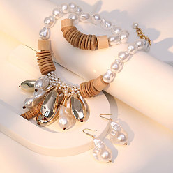 Цвет Древесины Комплекты браслетов, серег и ожерелий из сплава, кокосовой скорлупы и искусственного жемчуга для женщин, деревесиные, ожерелья: 21.65 дюйм (55 см)