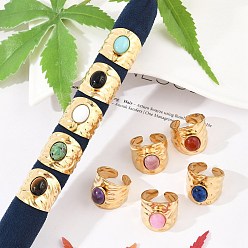 Смешанные камни 304 манжетные кольца из нержавеющей стали с широкими отверстиями, овальное кольцо с натуральным драгоценным камнем для женщин, реальный 18 k позолоченный, ионное покрытие (ip), 20 мм, регулируемый