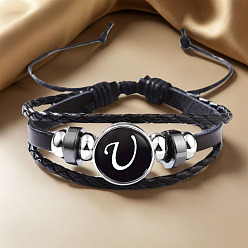 Letter U Регулируемые многослойные браслеты из искусственной кожи, браслеты из латунных стеклянных бусин, плоские круглые с буквы, платина, Буква U, 7-1/8~9-1/8 дюйм (18~23 см)