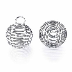 Platinum Iron Wire Pendants, Spiral Bead Cage Pendants, Round, Platinum, 28~30x24~25mm, Hole: 6mm