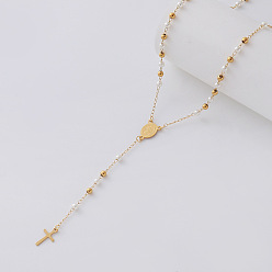 Blanco Collares de rosario de perlas de imitación vintage, 304 Collares con colgante de cruz religiosa de acero inoxidable con la imagen de la Virgen para mujer, dorado, blanco, 23.23 pulgada (59 cm)