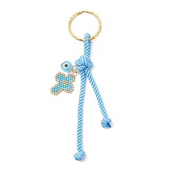 Светло-Голубой Брелок из смолы, стеклянных семян и полиэфирного шнура, крест с сглаза, с железными кольцами, Небесно-голубой, 115 мм