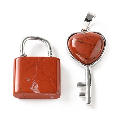 Красный Камень Природные красной яшмы подвески, с латунной фурнитурой платинового цвета, Ключ и замок, 27~36.5x17~19.5x6.5~7 мм, отверстие : 8~9x5~9 мм