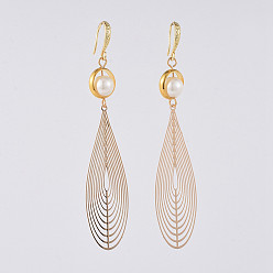 White Dangle Earrings, with Glass Pearl Beads, Brass Big Pendants, Brass Earring Hooks and Cardboard Packing Box, Teardrop, White, 85mm, Pin: 0.7mm