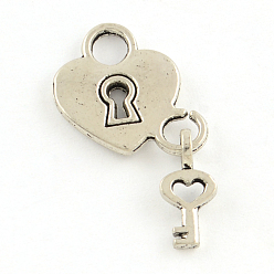 Antique Silver Tibetan Style Padlock and Key Alloy Pendants, Lead Free & Cadmium Free, Antique Silver, 27x15.5x2mm, Hole: 4mm, about 746pcs/1000g