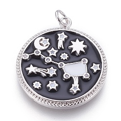 Платина Латуни циркония кубической подвески, с эмалью, плоский круглый с ковшом, чёрные, платина, 27.5x24x2 мм, отверстие : 3 мм