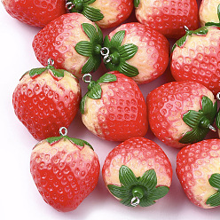 Красный Подвески из смолы, с фурнитурой железной платинового оттенка, имитация еды, клубника, красные, платина, 37~39x28~29x23~24 мм, отверстие : 1.8 мм