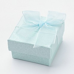Бледно-бирюзовый Картонные коробки кольцо, с органзы бантом, квадратный, бледные бирюзовая, 5x5x3.1 см