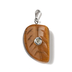 Тигровый глаз Резные подвески из натурального тигрового глаза, подвески в виде листьев с 201 микрофиброй из нержавеющей стали и кубическими циркониями, цвет нержавеющей стали, 26x15x15.5 мм, отверстие : 5.3x3 мм