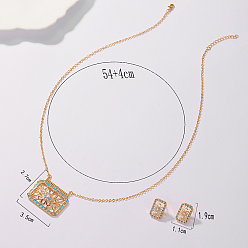 Настоящее золото 18K Наборы ювелирных украшений из латуни с микропаве и цирконием для женщин, прямоугольные серьги-гвоздики и ожерелья с подвесками, реальный 18 k позолоченный, ожерелья: около 20.47 дюйма (52 см), серьги: 19x11 mm