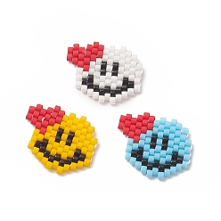 Mixed Color 3 Colors Handmade Seed Beads, Loom Pattern, Smile Face with Heart, Mixed Color, 15x17x1.8mm, Hole: 0.7mm, 1pc/color