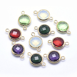Mixed Color Brass Links connectors, with Faceted Glass, Flat Round, Lead Free & Cadmium Free, Golden, Mixed Color, 14x9x3.5mm, Hole: 1mm