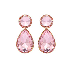 Pink Плоские круглые серьги-гвоздики из сплава и стразов, стеклянные серьги-капельки для женщин, розовые, 53x24 мм