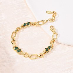 Зеленый Браслет-цепочка из латуни в виде кольца и скрепки с микропаве из кубического циркония для женщин., реальный 18 k позолоченный, без кадмия и без свинца, стойки покрытие, долговечный, зелёные, 6.89 дюйм (17.5 см)